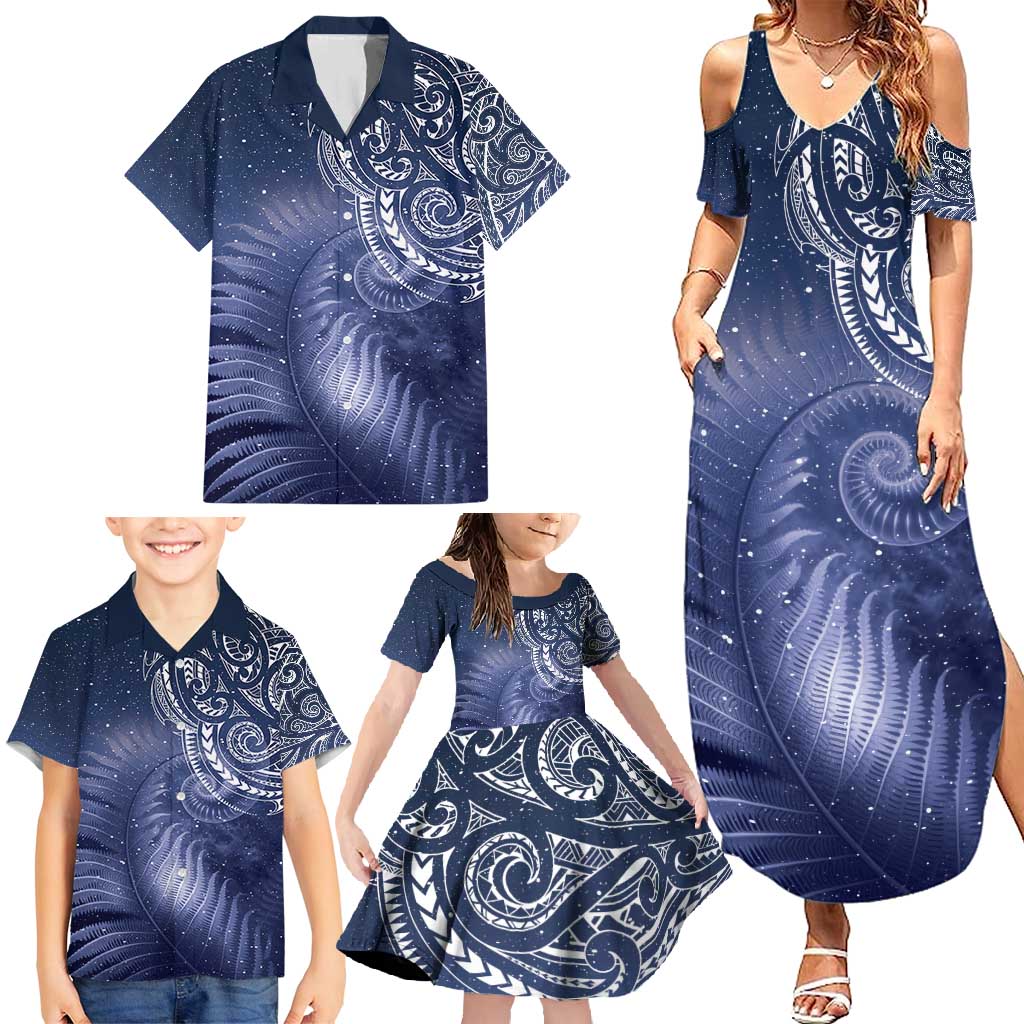 New Zealand Galaxy Fern Family Matching Summer Maxi Dress and Hawaiian Shirt