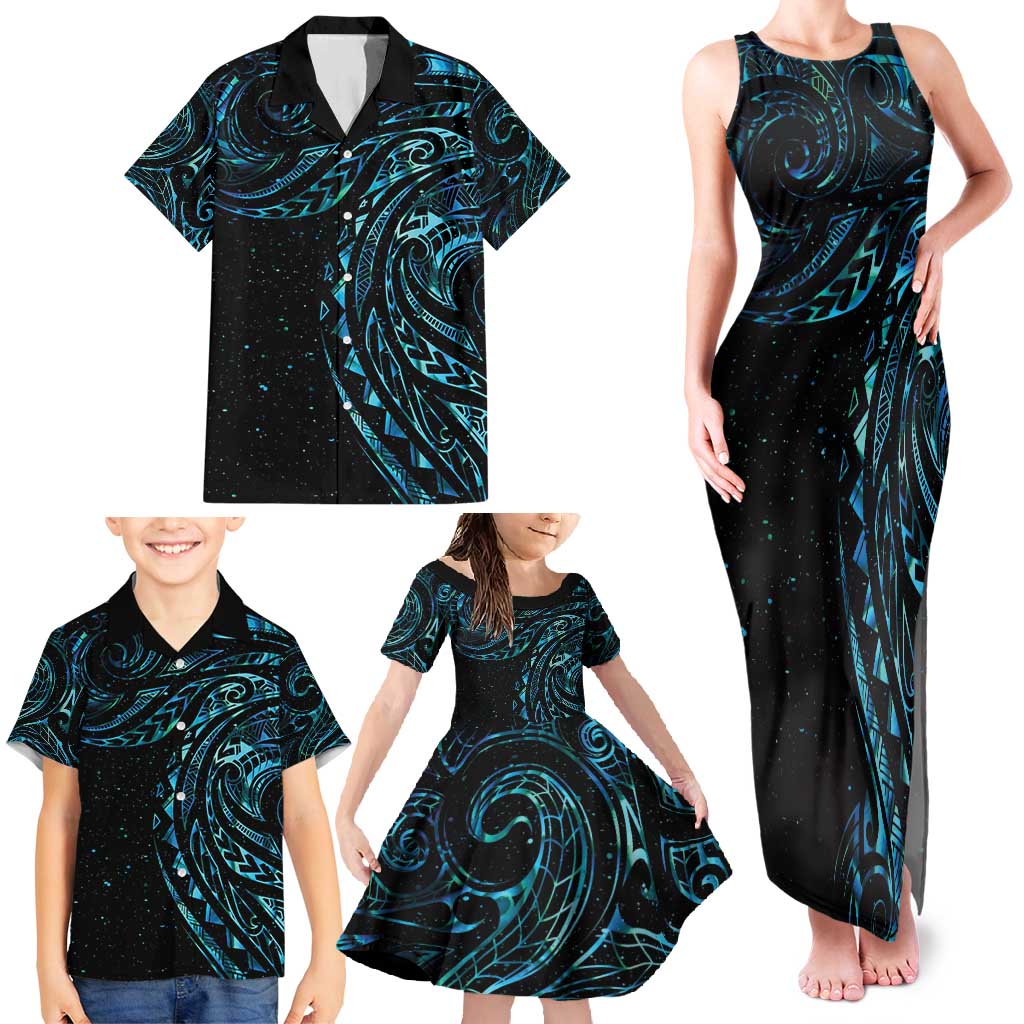 New Zealand Tribal Tattoo Family Matching Tank Maxi Dress and Hawaiian Shirt With Matariki Art