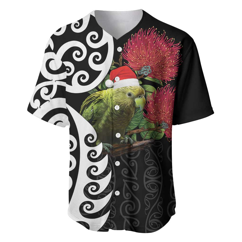 New Zealand Kakapo Christmas Baseball Jersey Meri Kirihimete Pohutukawa Flowers LT9 Black - Polynesian Pride