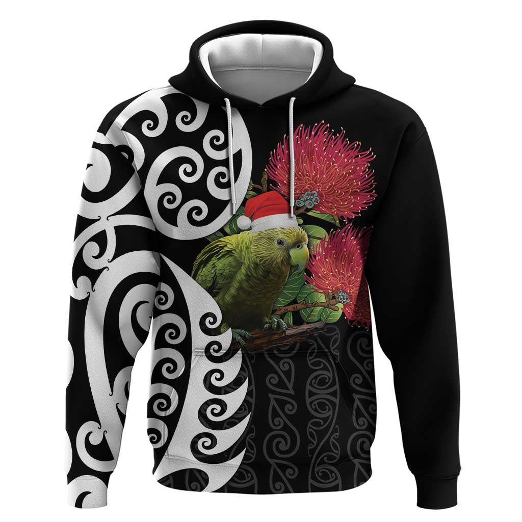 New Zealand Kakapo Christmas Hoodie Meri Kirihimete Pohutukawa Flowers LT9 Pullover Hoodie Black - Polynesian Pride