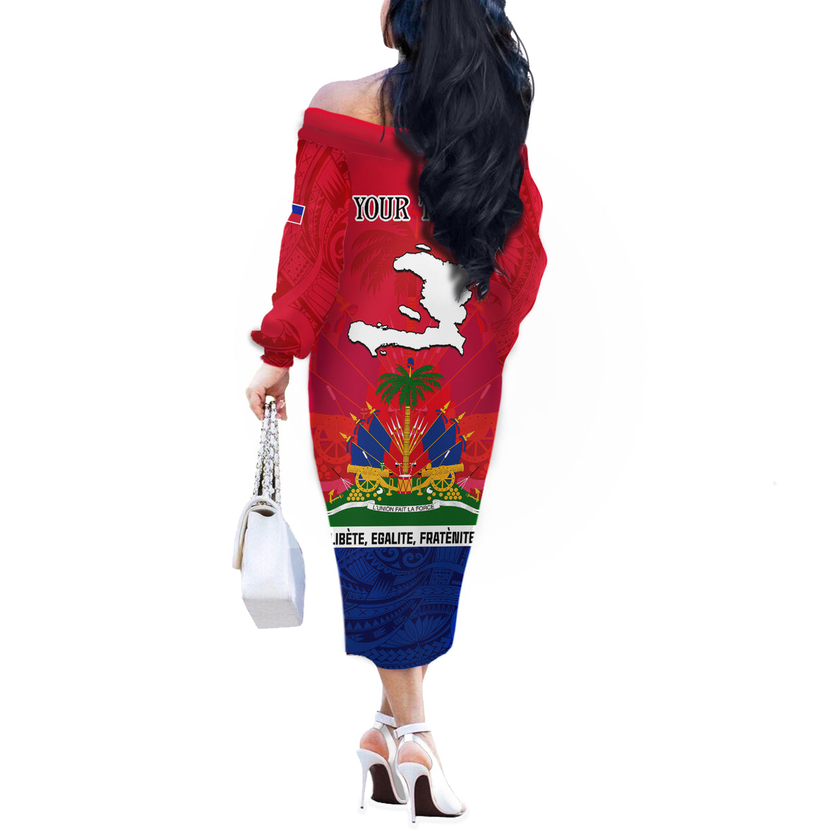 Haiti Independence Day Off The Shoulder Long Sleeve Dress Libete Egalite Fratenite Ayiti 1804 With Polynesian Pattern LT9 - Polynesian Pride