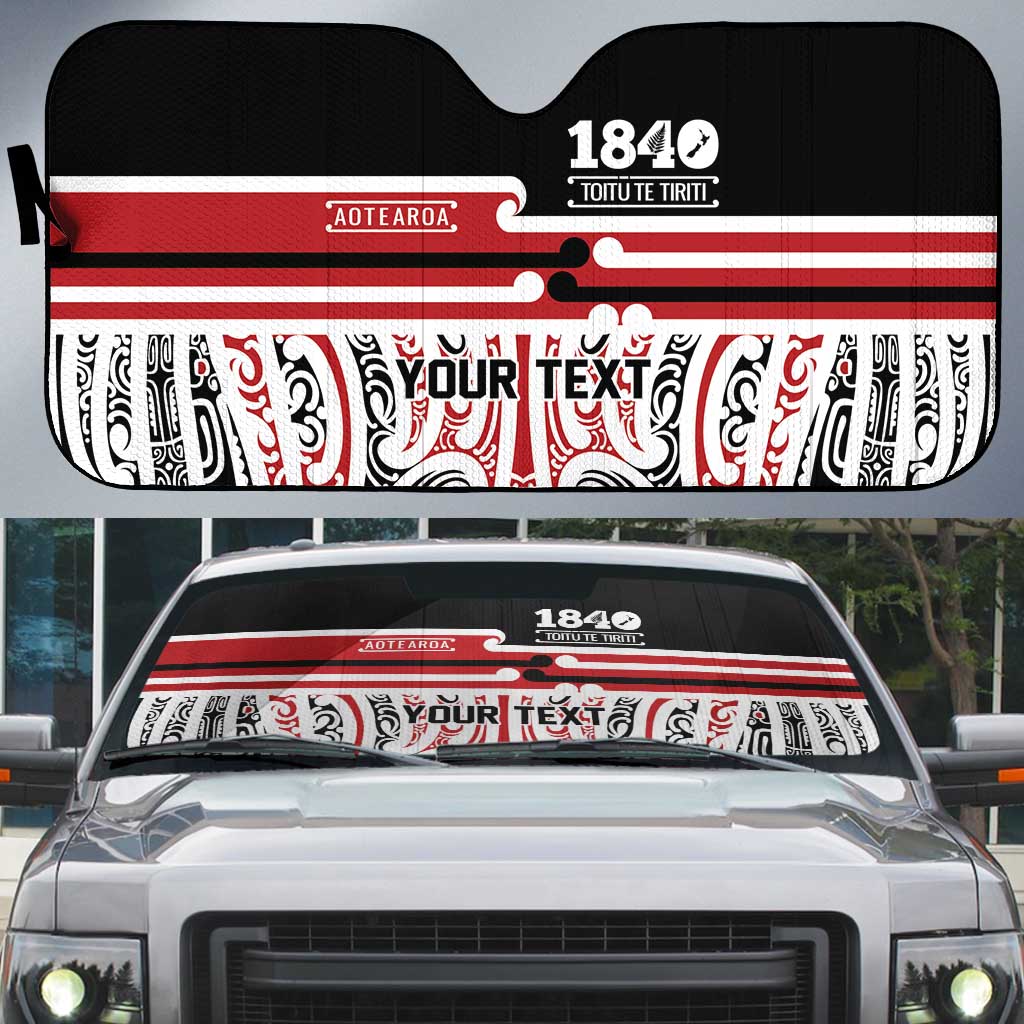 Personalised Toitu Te Tiriti Aotearoa 1840 Auto Sun Shade Red Kowhaiwhai Puhoro LT9 Black - Polynesian Pride