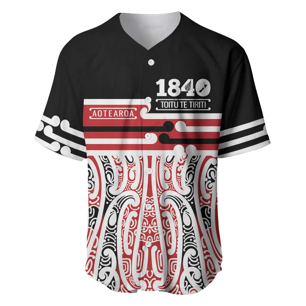 Personalised Toitu Te Tiriti Aotearoa 1840 Baseball Jersey Red Kowhaiwhai Puhoro LT9 Black - Polynesian Pride