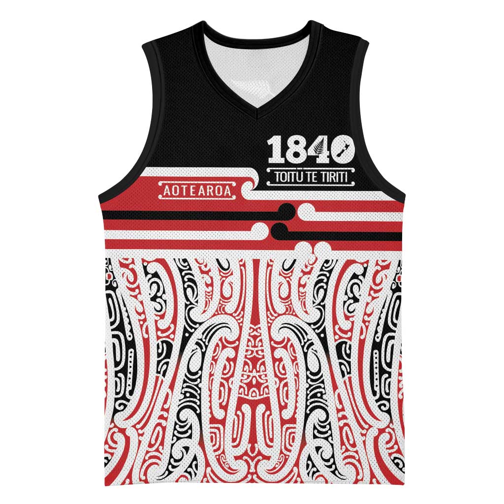 Personalised Toitu Te Tiriti Aotearoa 1840 Basketball Jersey Red Kowhaiwhai Puhoro LT9 Unisex Black - Polynesian Pride