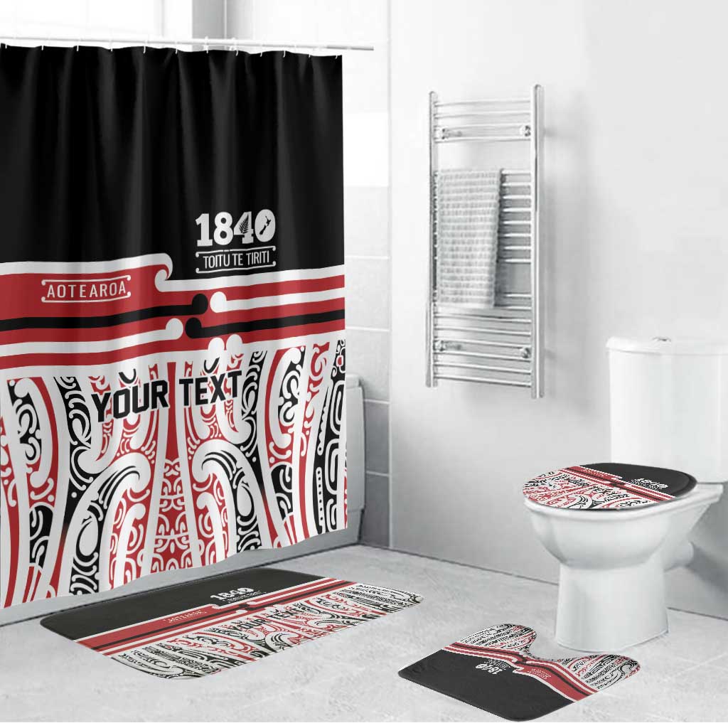Personalised Toitu Te Tiriti Aotearoa 1840 Bathroom Set Red Kowhaiwhai Puhoro LT9 Bathroom Set (4 pcs) Black - Polynesian Pride