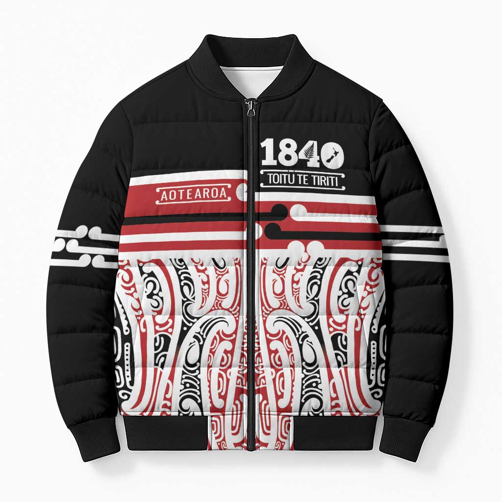 Personalised Toitu Te Tiriti Aotearoa 1840 Bomber Puffer Jacket Red Kowhaiwhai Puhoro LT9 Unisex Black - Polynesian Pride