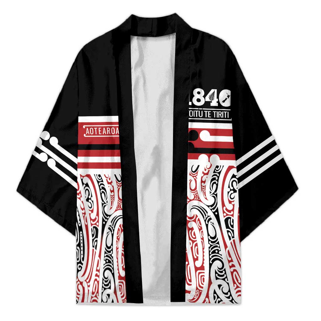 Personalised Toitu Te Tiriti Aotearoa 1840 Kimono Red Kowhaiwhai Puhoro LT9 Unisex Black - Polynesian Pride