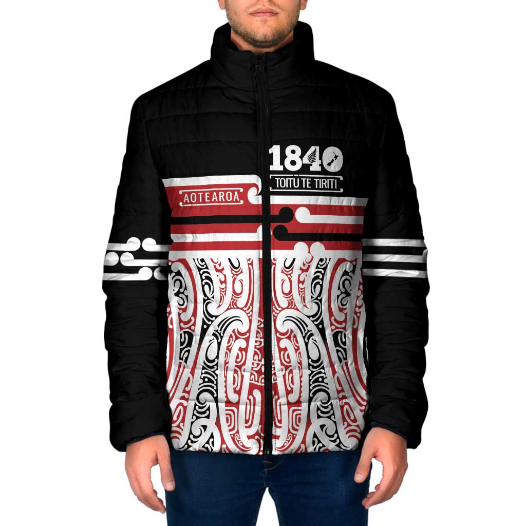 Personalised Toitu Te Tiriti Aotearoa 1840 Padded Jacket Red Kowhaiwhai Puhoro LT9 Men Black - Polynesian Pride