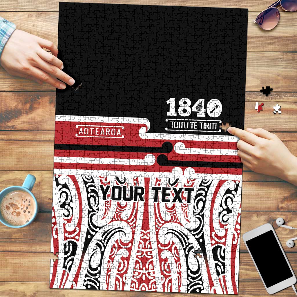 Personalised Toitu Te Tiriti Aotearoa 1840 Puzzle Red Kowhaiwhai Puhoro LT9 Black - Polynesian Pride