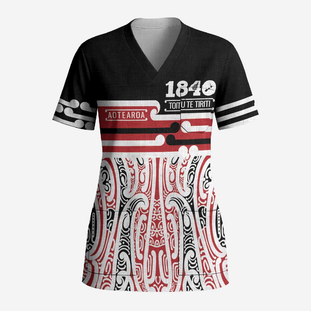 Personalised Toitu Te Tiriti Aotearoa 1840 Scrub Top Red Kowhaiwhai Puhoro LT9 Adult Black - Polynesian Pride