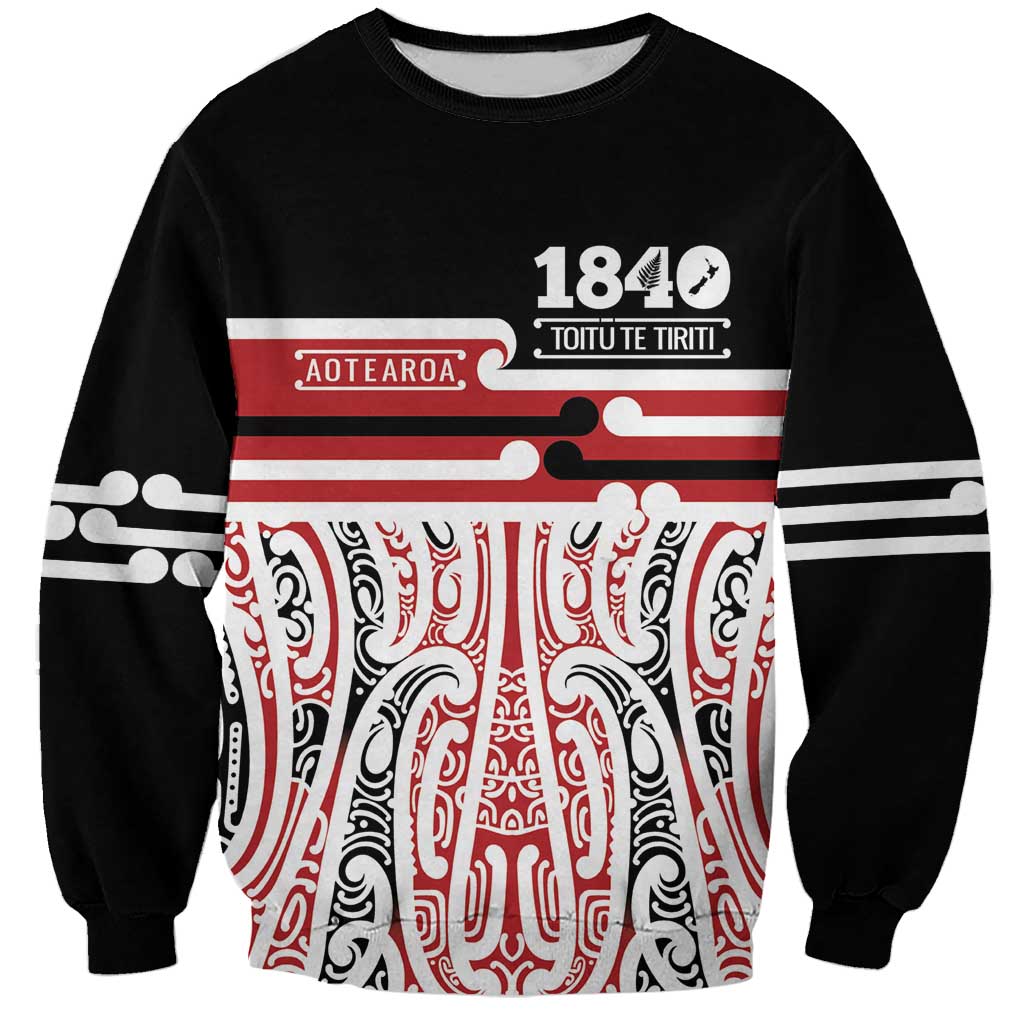 Personalised Toitu Te Tiriti Aotearoa 1840 Sweatshirt Red Kowhaiwhai Puhoro LT9 Unisex Black - Polynesian Pride