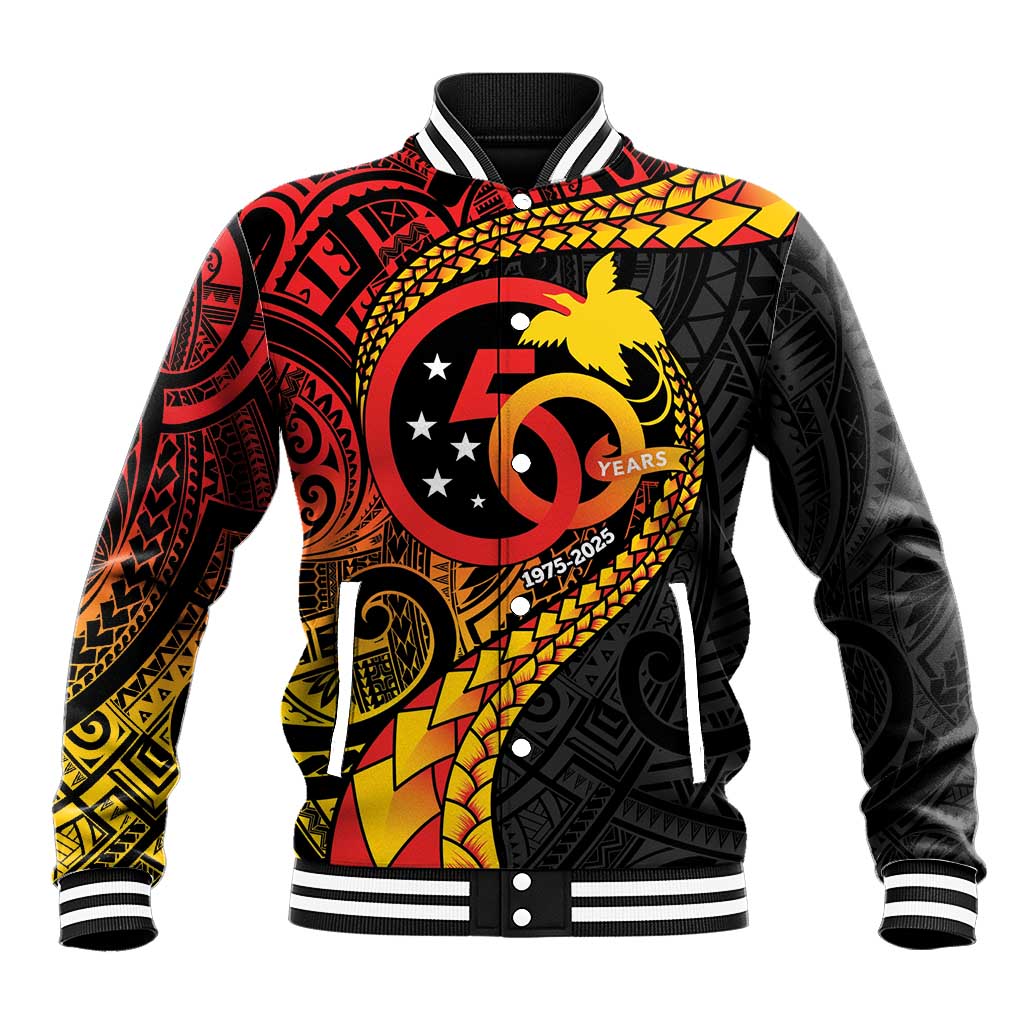 Papua New Guinea Tribal Tattoo Baseball Jacket 50th Independence Anniversary LT9 Unisex Black - Polynesian Pride