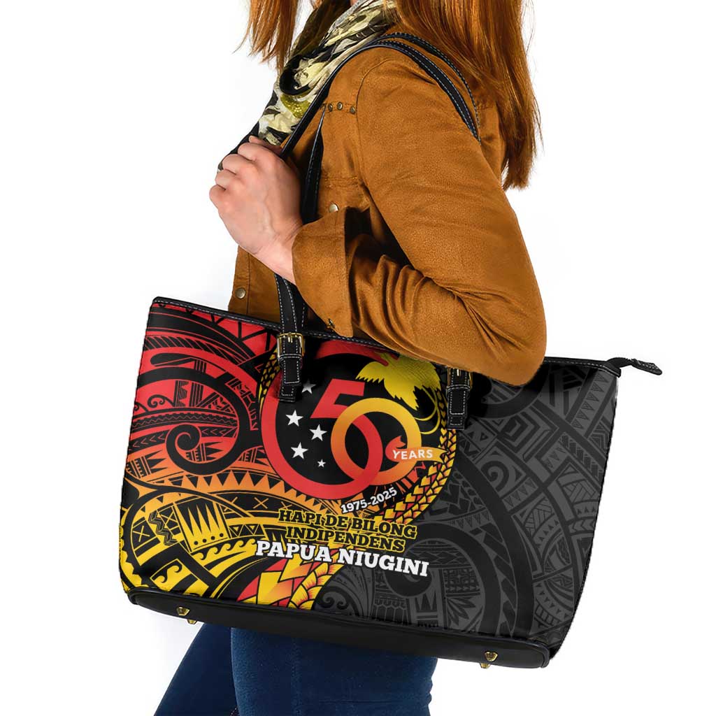Papua New Guinea Tribal Tattoo Leather Tote Bag 50th Independence Anniversary LT9 Black - Polynesian Pride