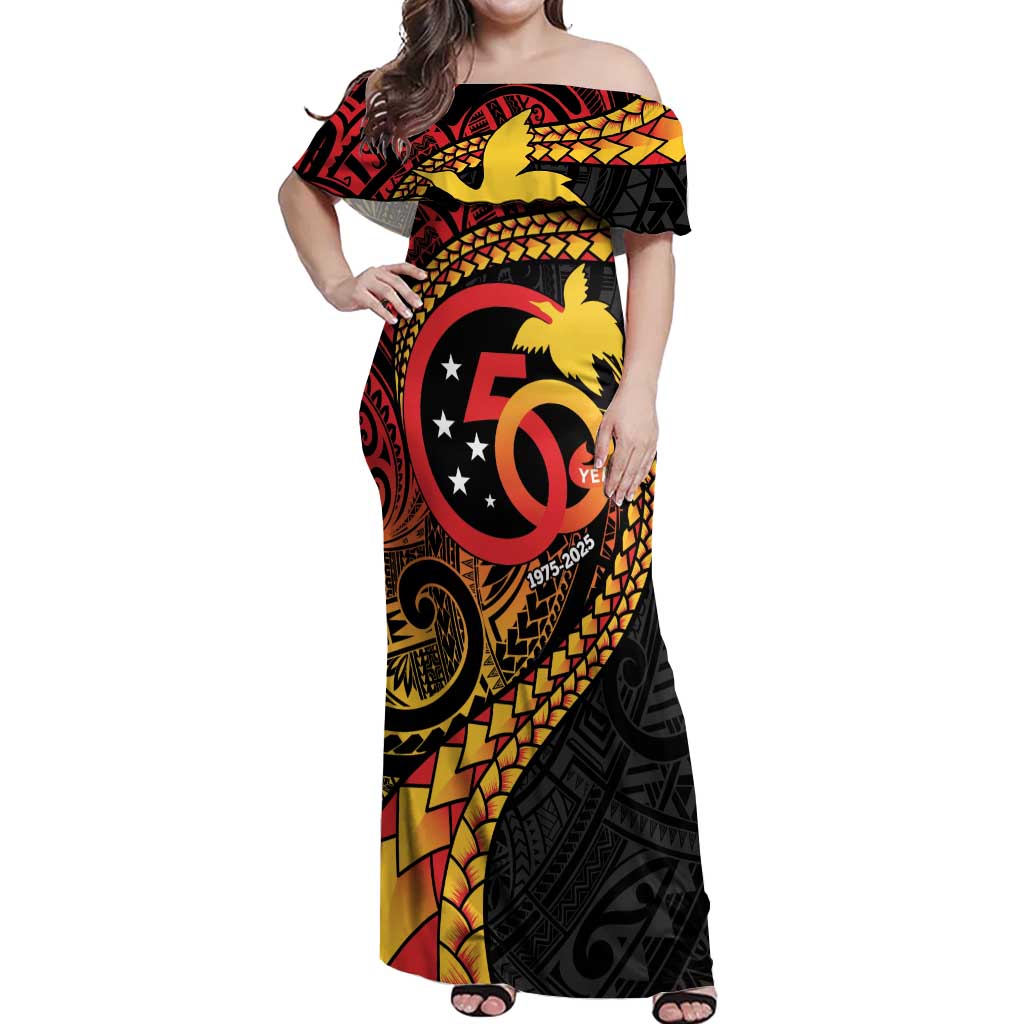 Papua New Guinea Tribal Tattoo Off Shoulder Maxi Dress 50th Independence Anniversary LT9 Women Black - Polynesian Pride