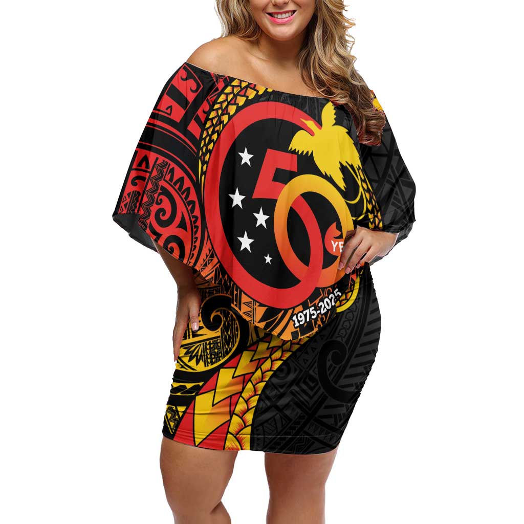 Papua New Guinea Tribal Tattoo Off Shoulder Short Dress 50th Independence Anniversary LT9 Women Black - Polynesian Pride