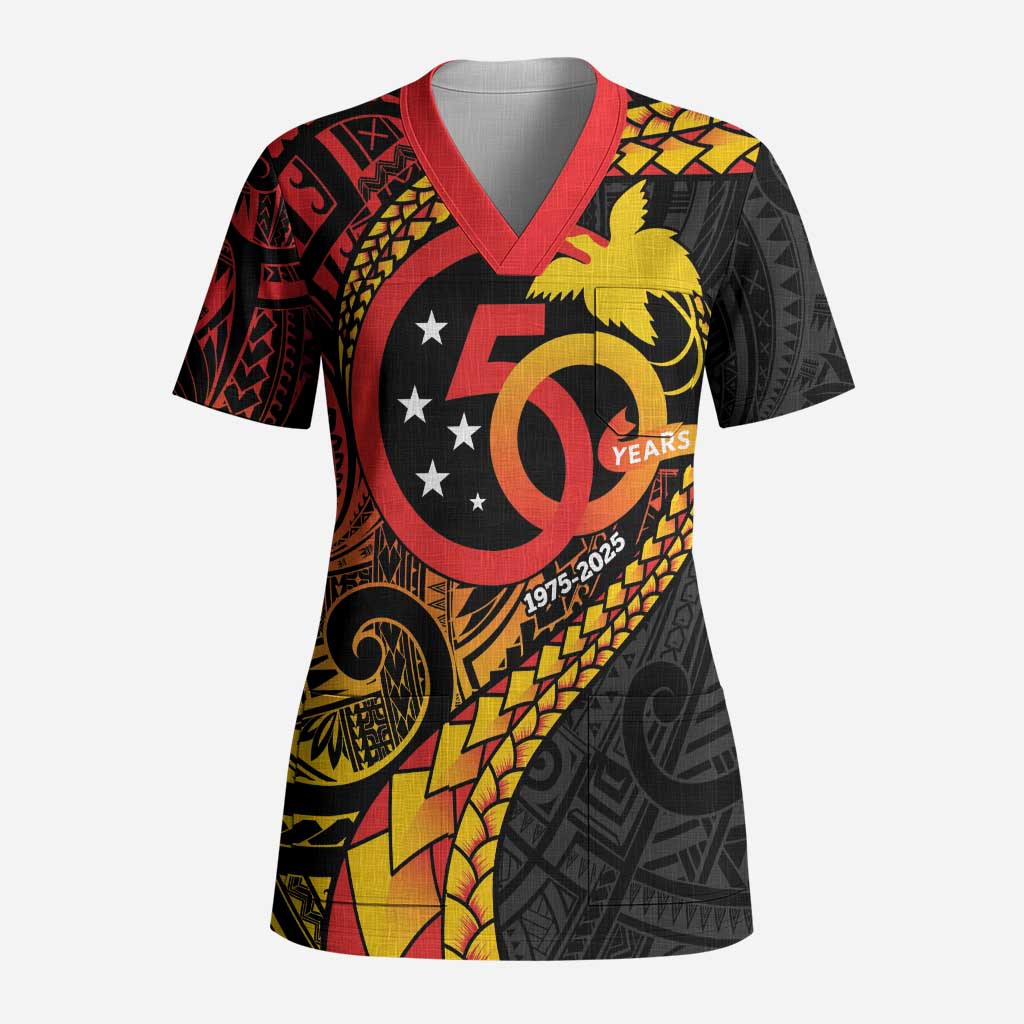 Papua New Guinea Tribal Tattoo Scrub Top 50th Independence Anniversary LT9 Adult Black - Polynesian Pride