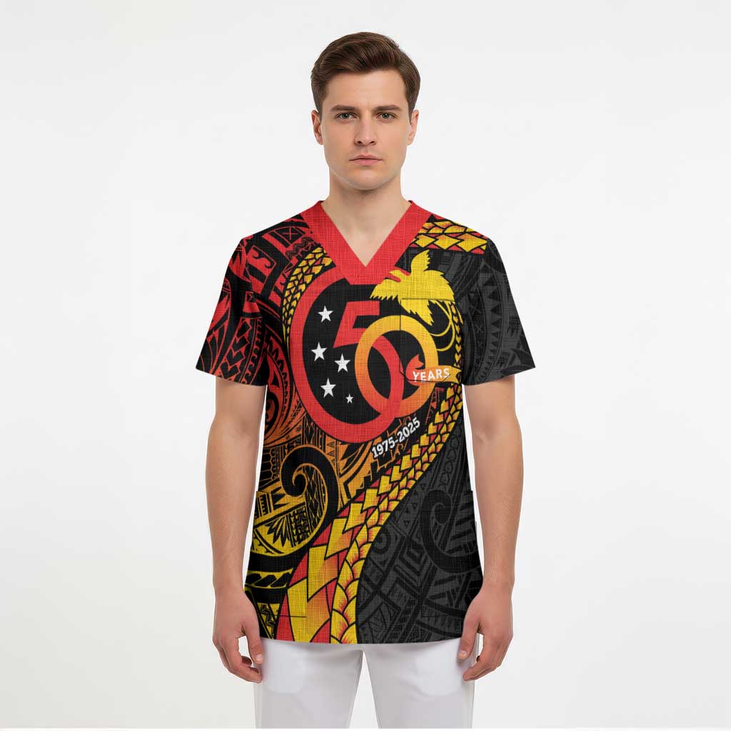 Papua New Guinea Tribal Tattoo Scrub Top 50th Independence Anniversary LT9 - Polynesian Pride