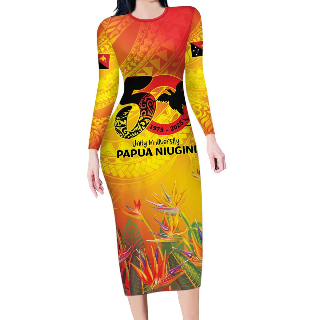 Papua New Guinea Unity in Diversity Long Sleeve Bodycon Dress 50th Indipendens Papua Niugini LT9 Long Dress Gold - Polynesian Pride