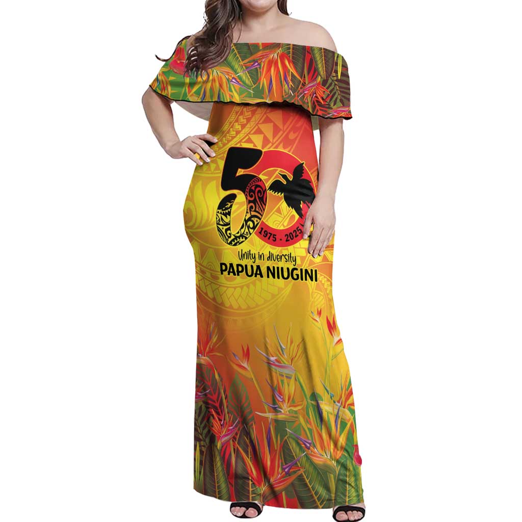 Papua New Guinea Unity in Diversity Off Shoulder Maxi Dress 50th Indipendens Papua Niugini LT9 Women Gold - Polynesian Pride