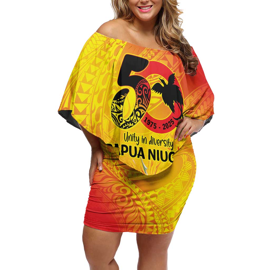 Papua New Guinea Unity in Diversity Off Shoulder Short Dress 50th Indipendens Papua Niugini LT9 Women Gold - Polynesian Pride