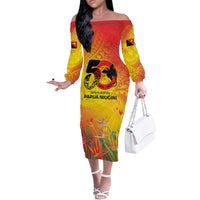 Papua New Guinea Unity in Diversity Off The Shoulder Long Sleeve Dress 50th Indipendens Papua Niugini LT9 Women Gold - Polynesian Pride