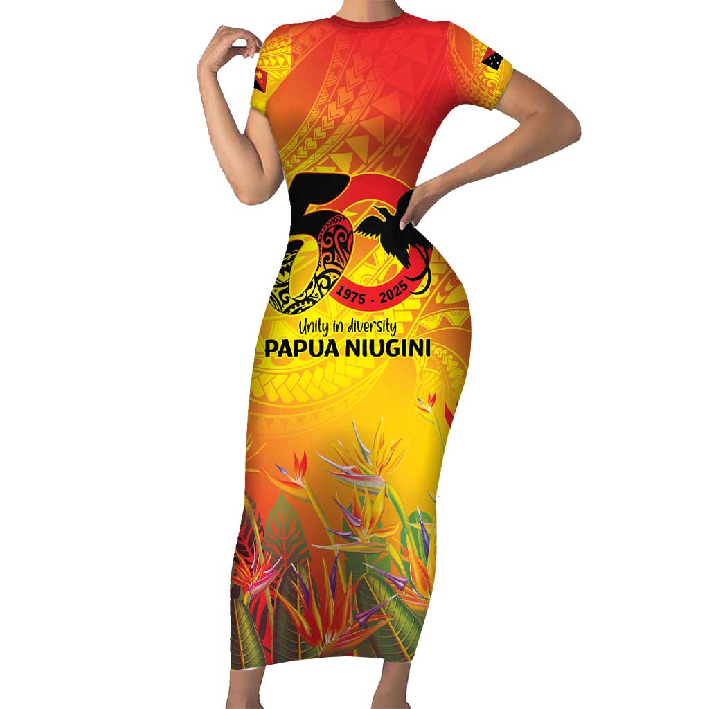 Papua New Guinea Unity in Diversity Short Sleeve Bodycon Dress 50th Indipendens Papua Niugini LT9 Long Dress Gold - Polynesian Pride