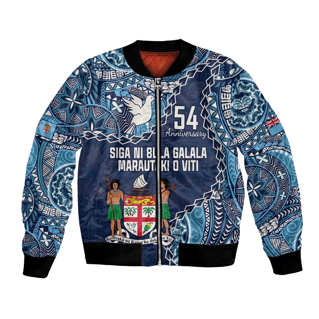 Personalised Fiji 54th Anniversary Bomber Jacket Siga Ni Bula Galala Marautaki O Viti LT9 Unisex Blue - Polynesian Pride