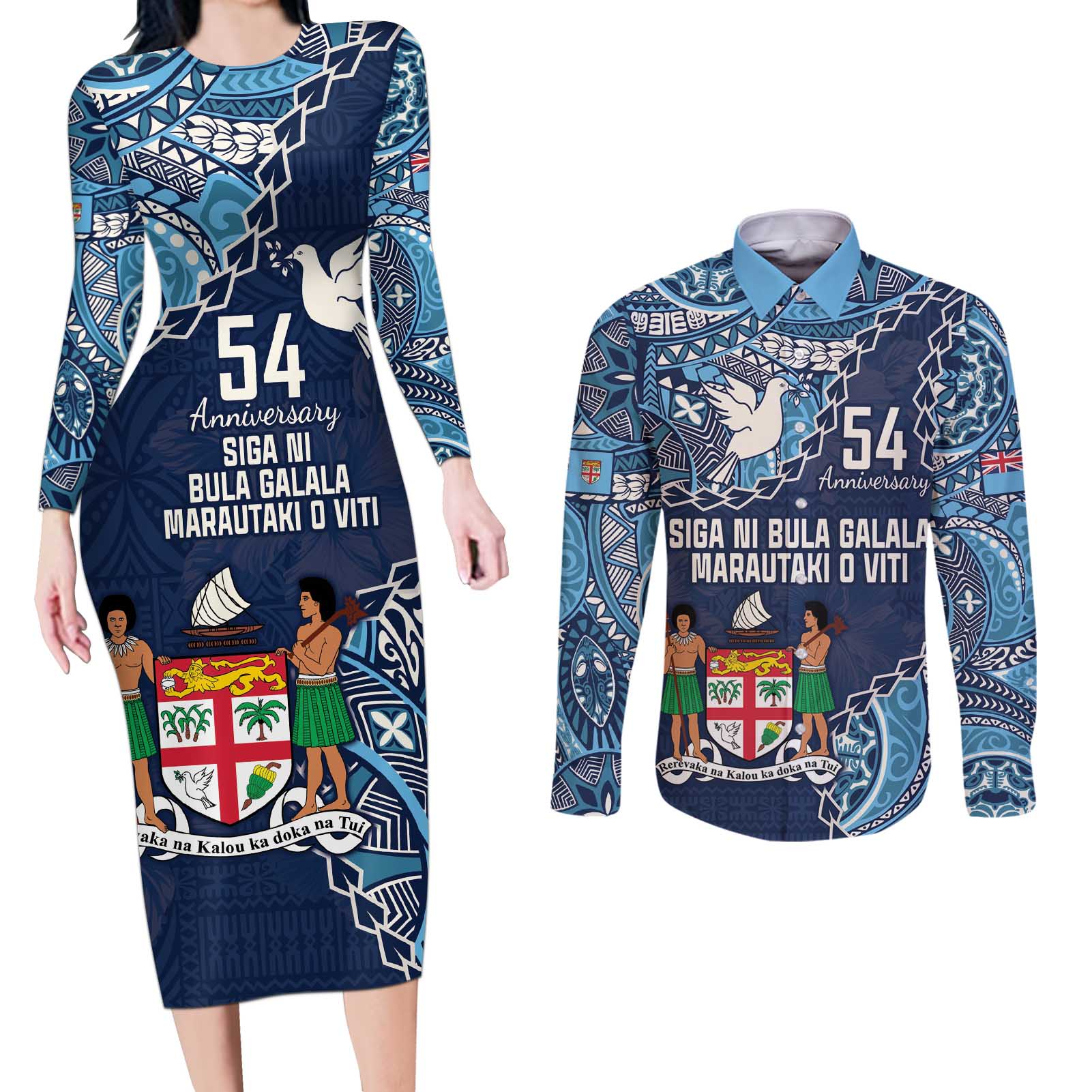 Personalised Fiji 54th Anniversary Couples Matching Long Sleeve Bodycon Dress and Long Sleeve Button Shirt Siga Ni Bula Galala Marautaki O Viti LT9