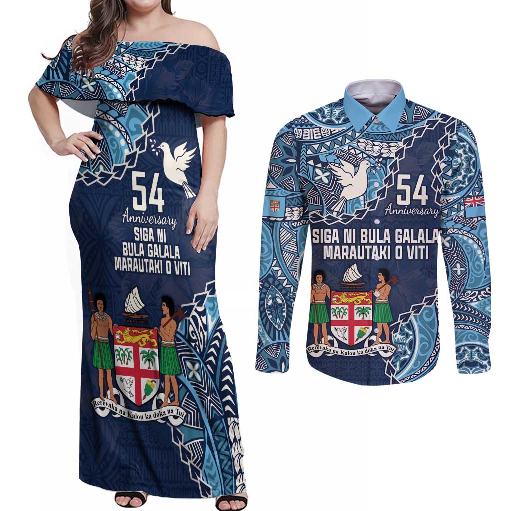 Personalised Fiji 54th Anniversary Couples Matching Off Shoulder Maxi Dress and Long Sleeve Button Shirt Siga Ni Bula Galala Marautaki O Viti LT9