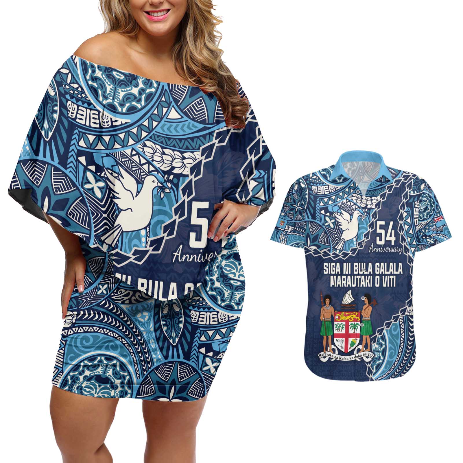 Personalised Fiji 54th Anniversary Couples Matching Off Shoulder Short Dress and Hawaiian Shirt Siga Ni Bula Galala Marautaki O Viti LT9