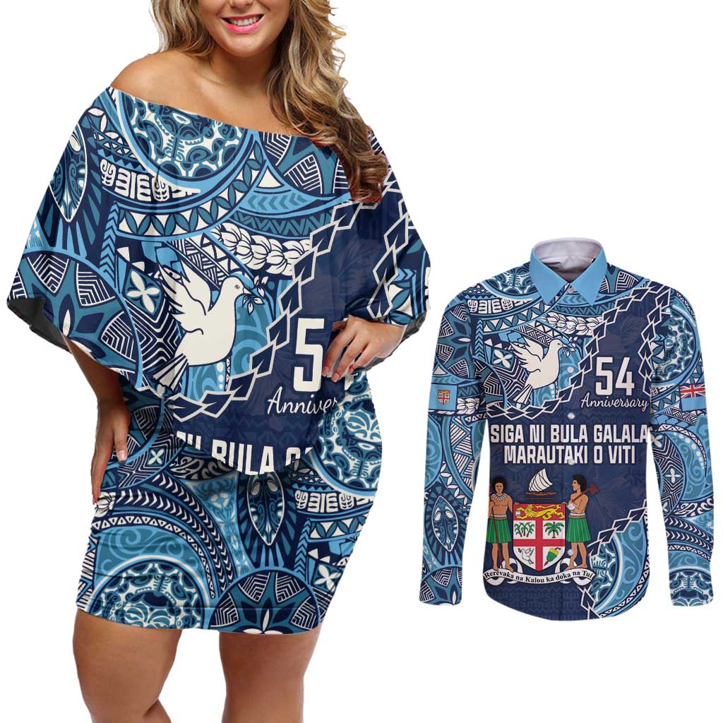 Personalised Fiji 54th Anniversary Couples Matching Off Shoulder Short Dress and Long Sleeve Button Shirt Siga Ni Bula Galala Marautaki O Viti LT9