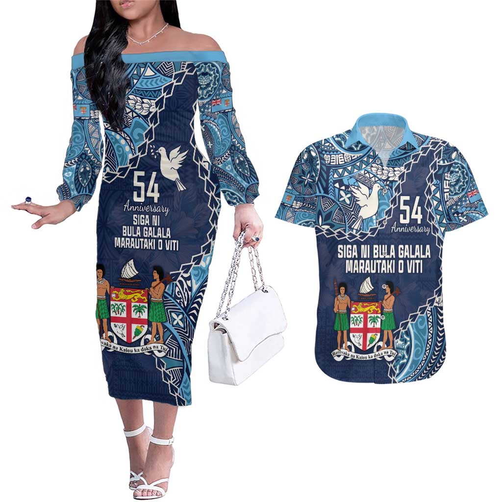 Personalised Fiji 54th Anniversary Couples Matching Off The Shoulder Long Sleeve Dress and Hawaiian Shirt Siga Ni Bula Galala Marautaki O Viti LT9