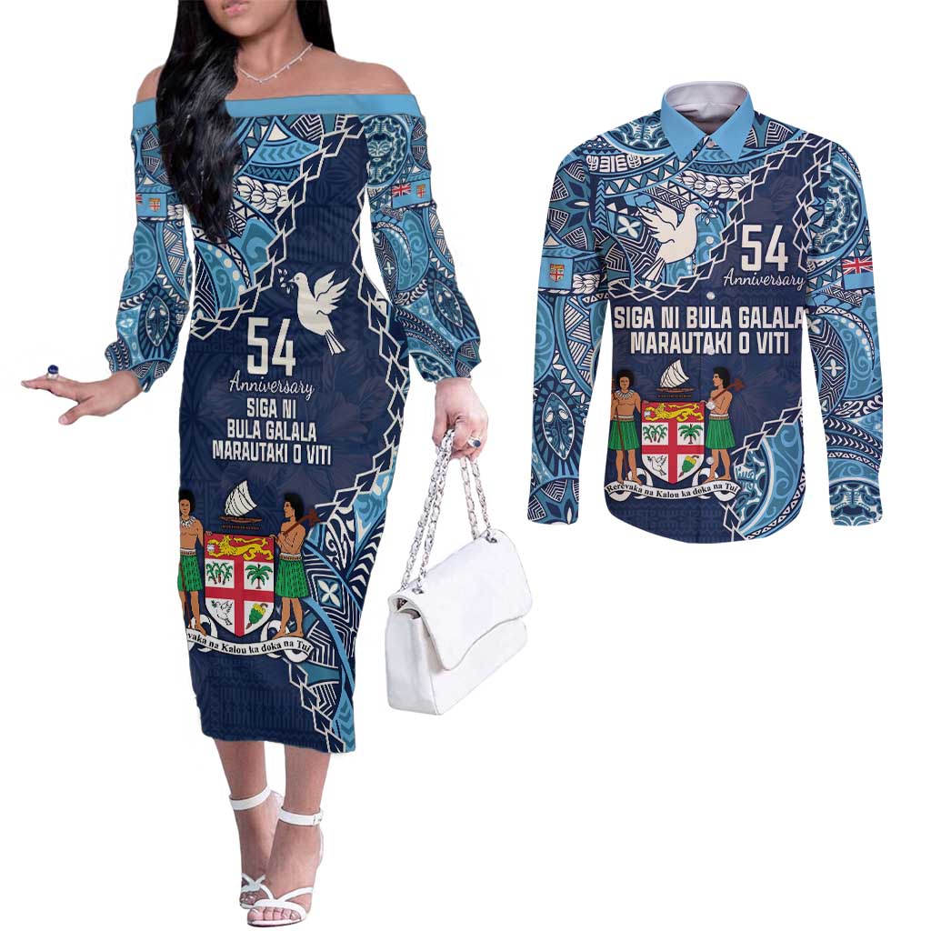 Personalised Fiji 54th Anniversary Couples Matching Off The Shoulder Long Sleeve Dress and Long Sleeve Button Shirt Siga Ni Bula Galala Marautaki O Viti LT9