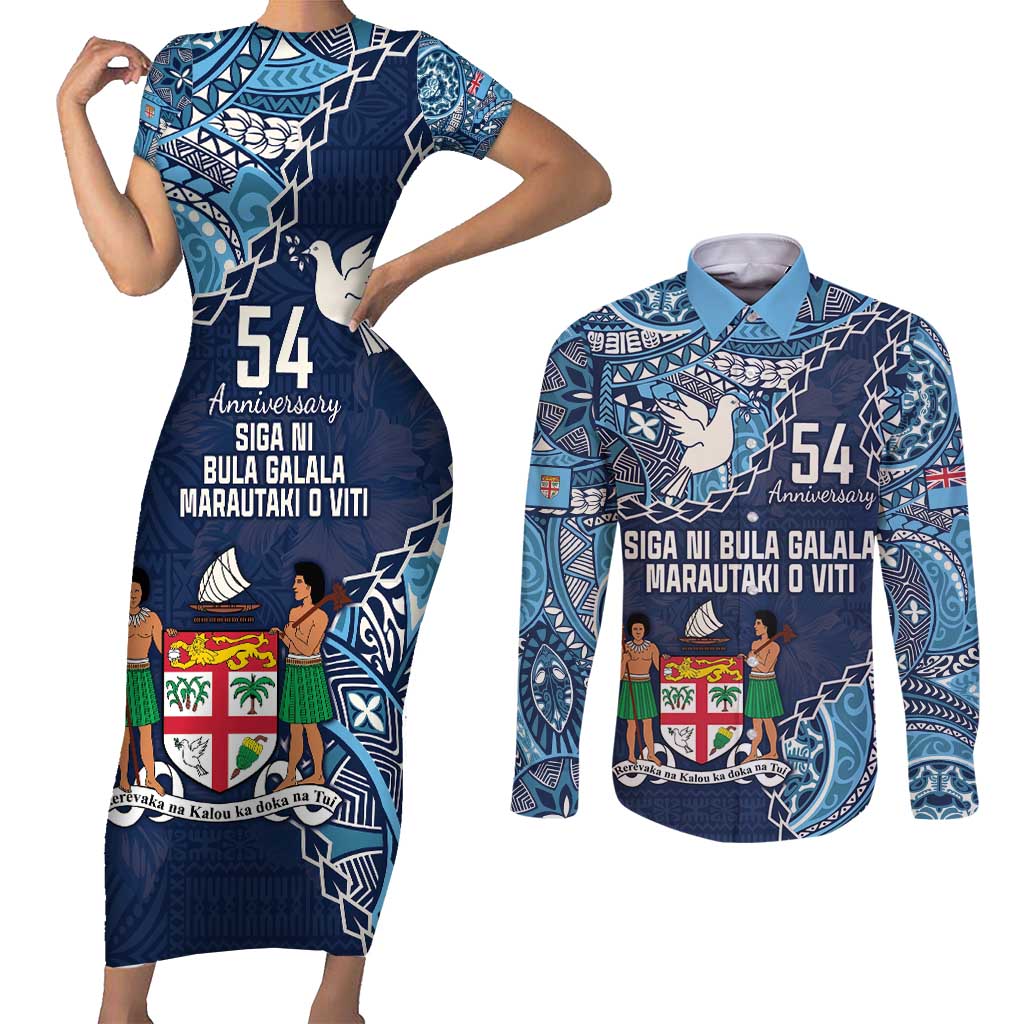 Personalised Fiji 54th Anniversary Couples Matching Short Sleeve Bodycon Dress and Long Sleeve Button Shirt Siga Ni Bula Galala Marautaki O Viti LT9