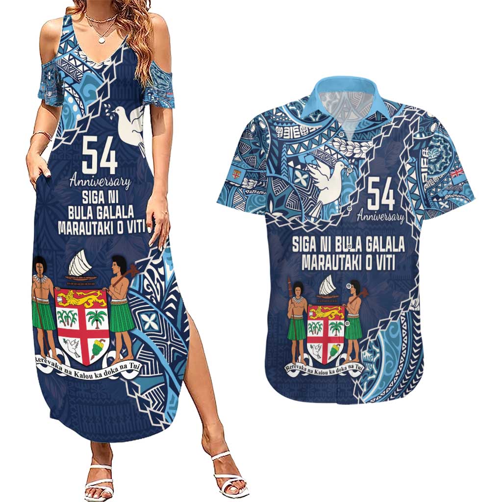 Personalised Fiji 54th Anniversary Couples Matching Summer Maxi Dress and Hawaiian Shirt Siga Ni Bula Galala Marautaki O Viti LT9