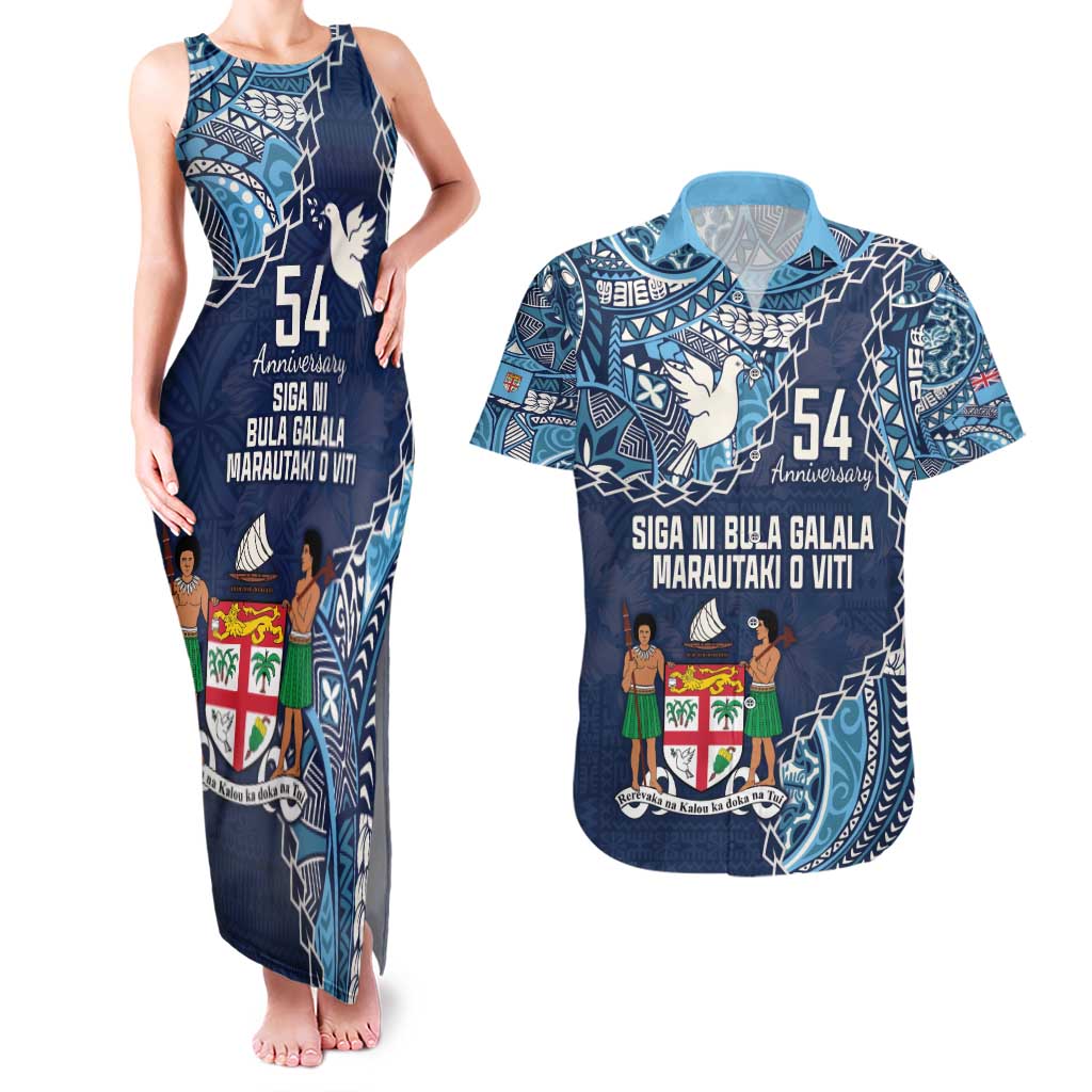 Personalised Fiji 54th Anniversary Couples Matching Tank Maxi Dress and Hawaiian Shirt Siga Ni Bula Galala Marautaki O Viti LT9