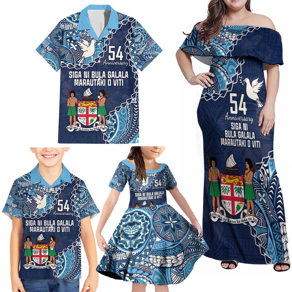 Personalised Fiji 54th Anniversary Family Matching Off Shoulder Maxi Dress and Hawaiian Shirt Siga Ni Bula Galala Marautaki O Viti LT9