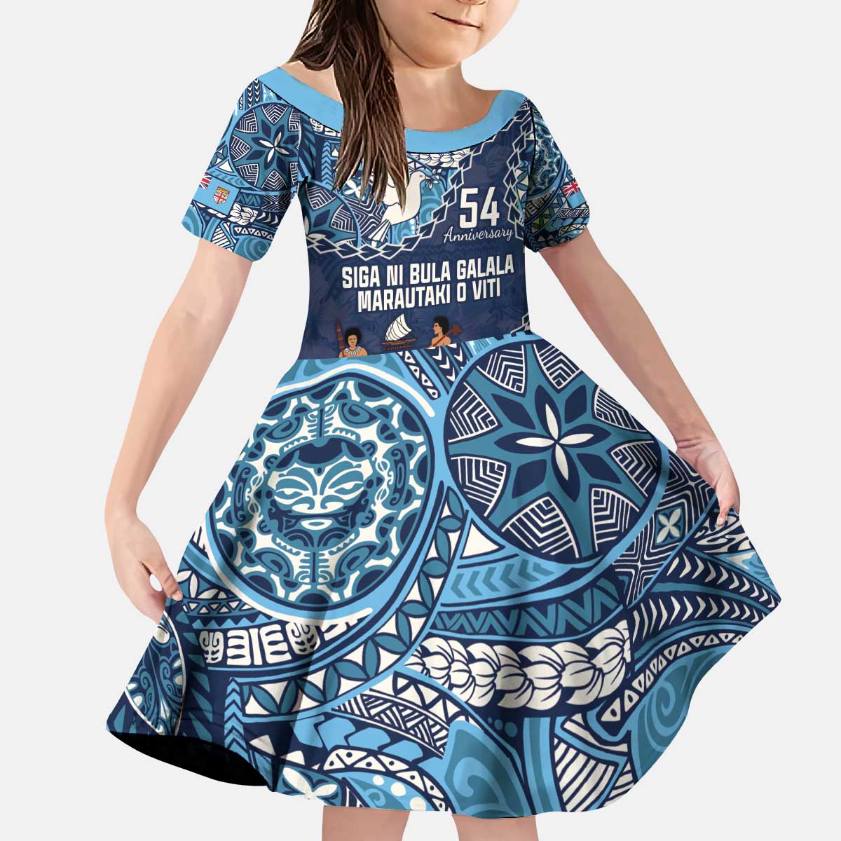 Personalised Fiji 54th Anniversary Kid Short Sleeve Dress Siga Ni Bula Galala Marautaki O Viti LT9 KID Blue - Polynesian Pride