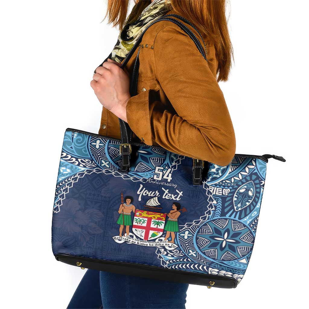 Personalised Fiji 54th Anniversary Leather Tote Bag Siga Ni Bula Galala Marautaki O Viti LT9 Blue - Polynesian Pride