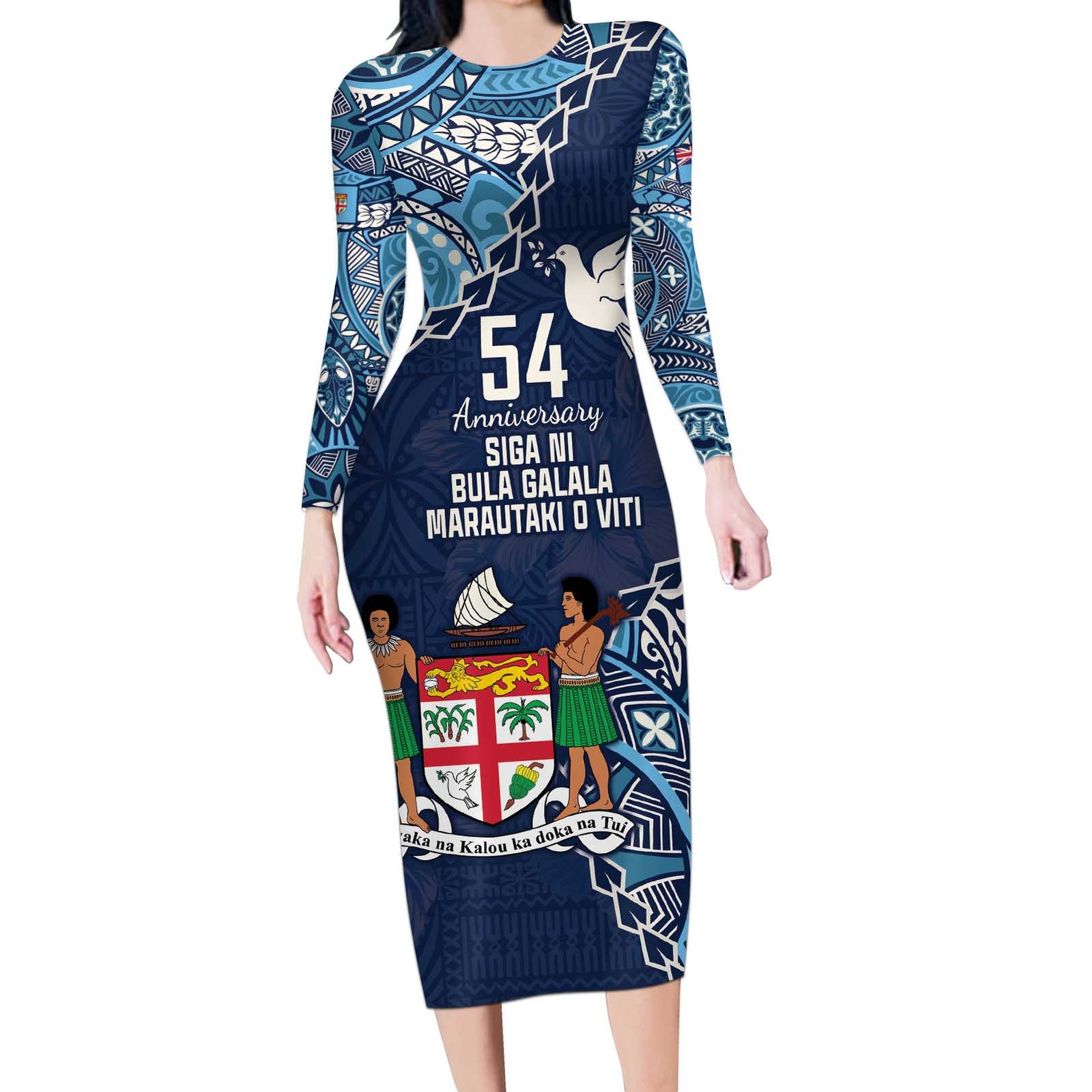 Personalised Fiji 54th Anniversary Long Sleeve Bodycon Dress Siga Ni Bula Galala Marautaki O Viti LT9 Long Dress Blue - Polynesian Pride