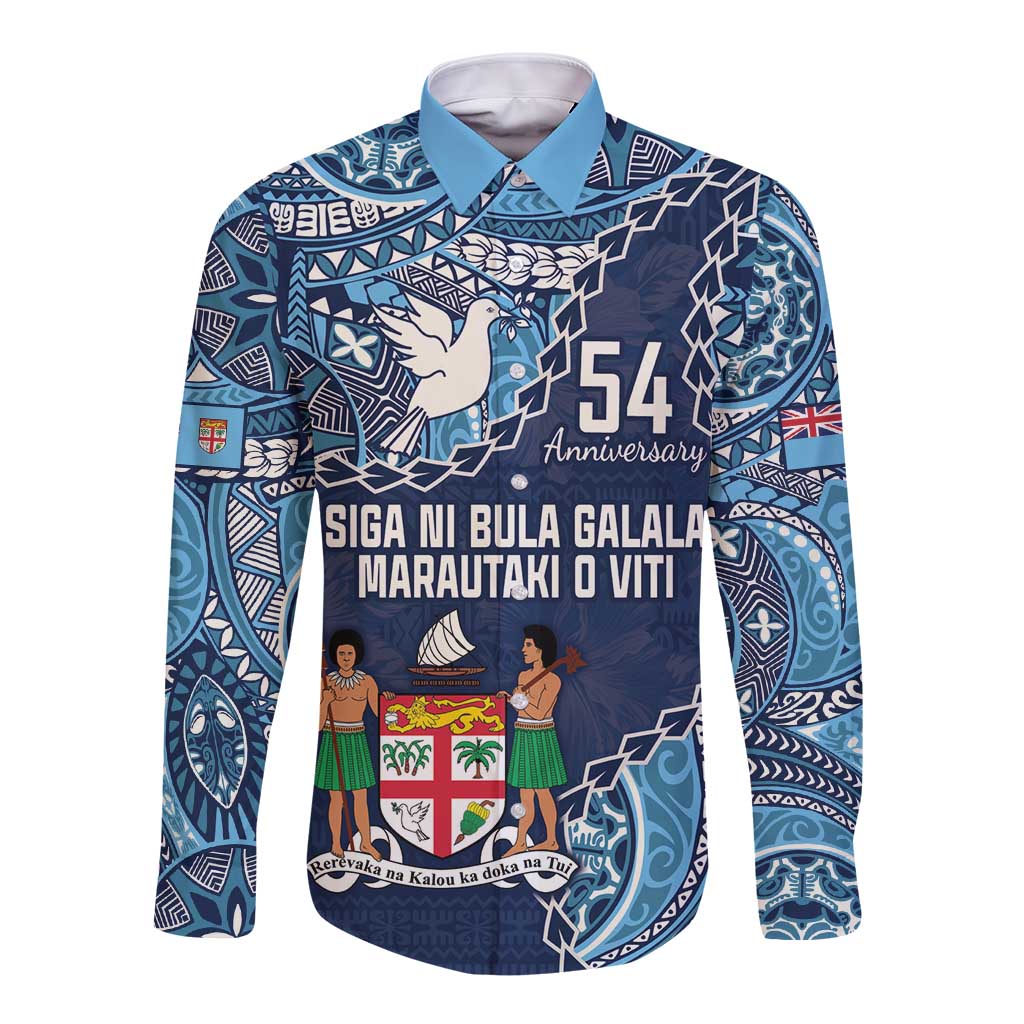 Personalised Fiji 54th Anniversary Long Sleeve Button Shirt Siga Ni Bula Galala Marautaki O Viti LT9 Unisex Blue - Polynesian Pride