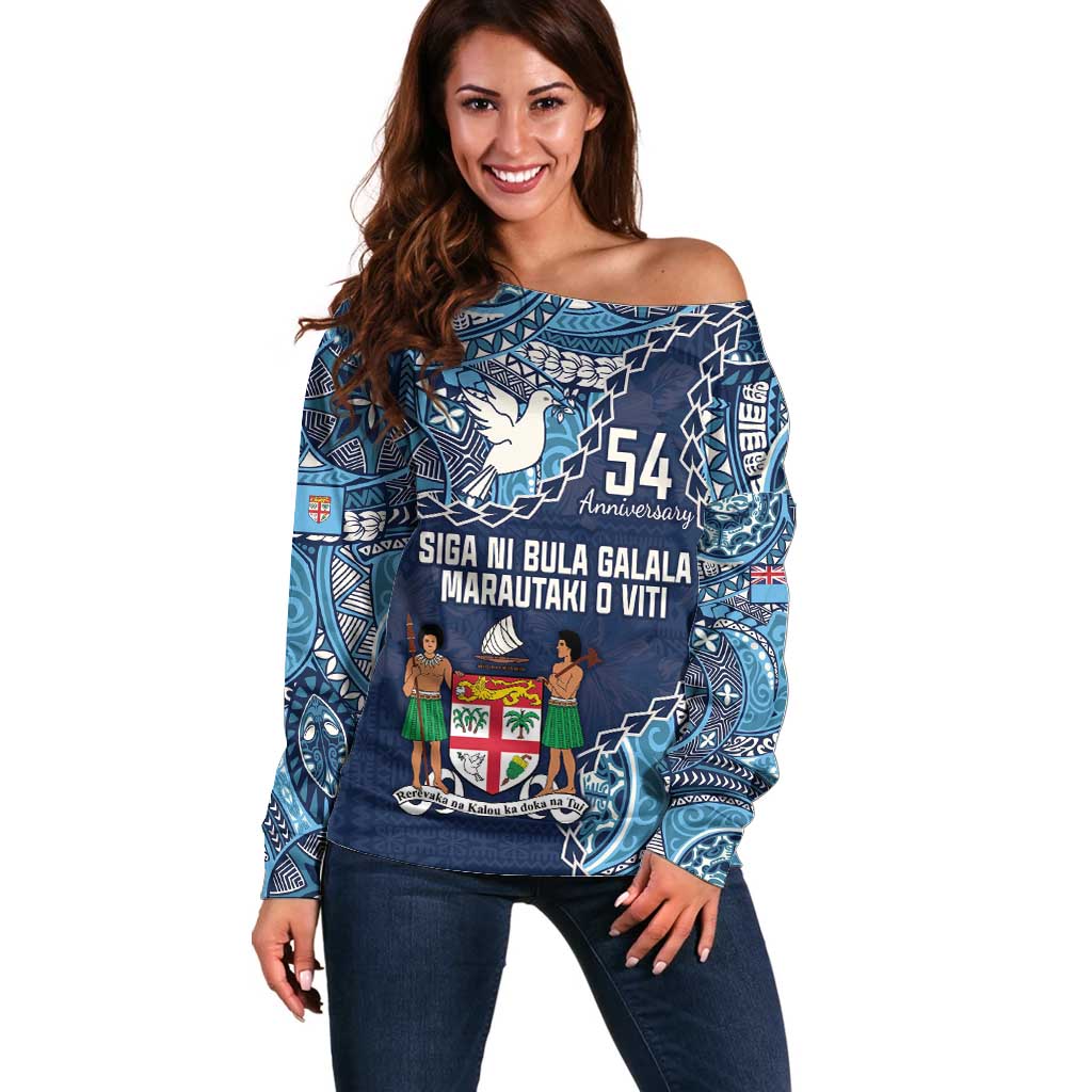 Personalised Fiji 54th Anniversary Off Shoulder Sweater Siga Ni Bula Galala Marautaki O Viti LT9 Women Blue - Polynesian Pride