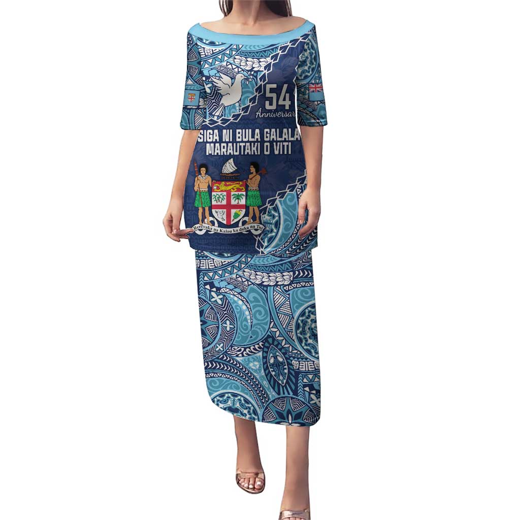 Personalised Fiji 54th Anniversary Puletasi Siga Ni Bula Galala Marautaki O Viti LT9 Long Dress Blue - Polynesian Pride