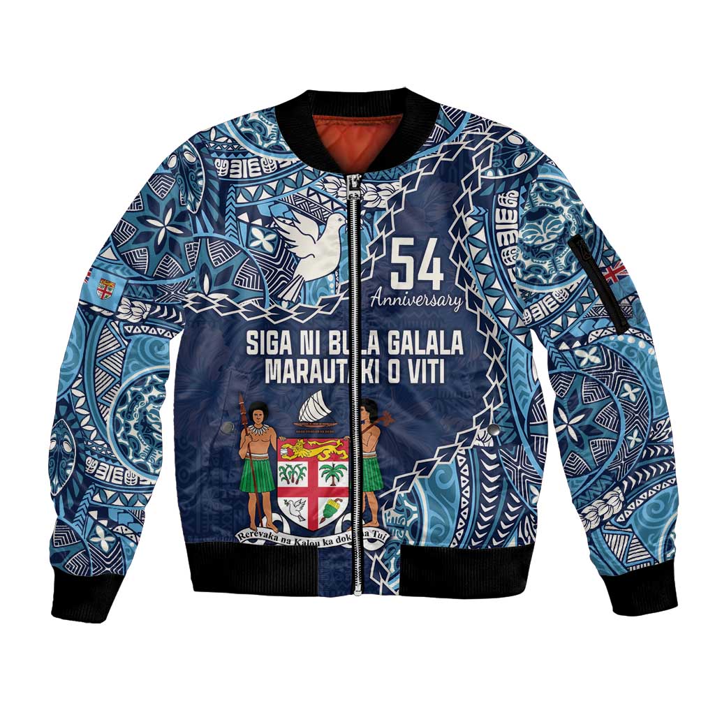 Personalised Fiji 54th Anniversary Sleeve Zip Bomber Jacket Siga Ni Bula Galala Marautaki O Viti LT9 Unisex Blue - Polynesian Pride