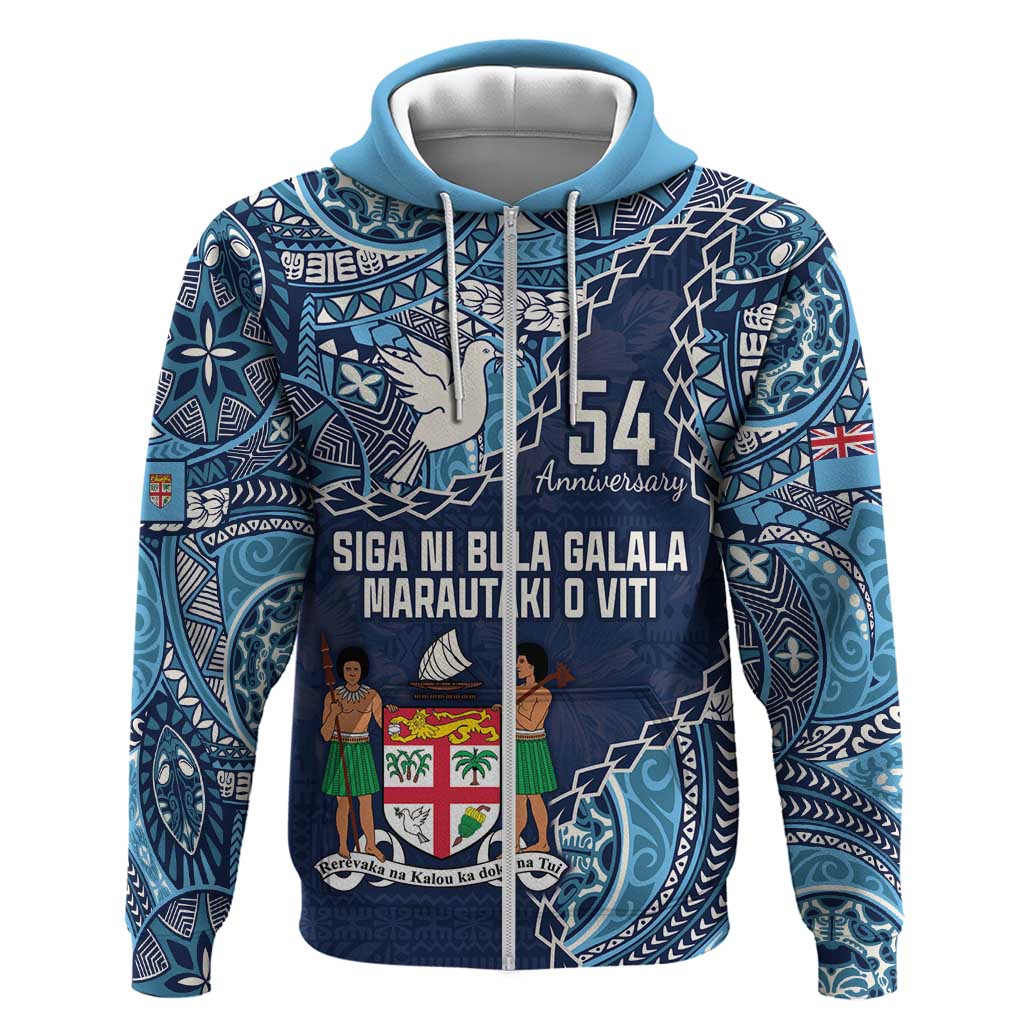 Personalised Fiji 54th Anniversary Zip Hoodie Siga Ni Bula Galala Marautaki O Viti LT9 Zip Hoodie Blue - Polynesian Pride