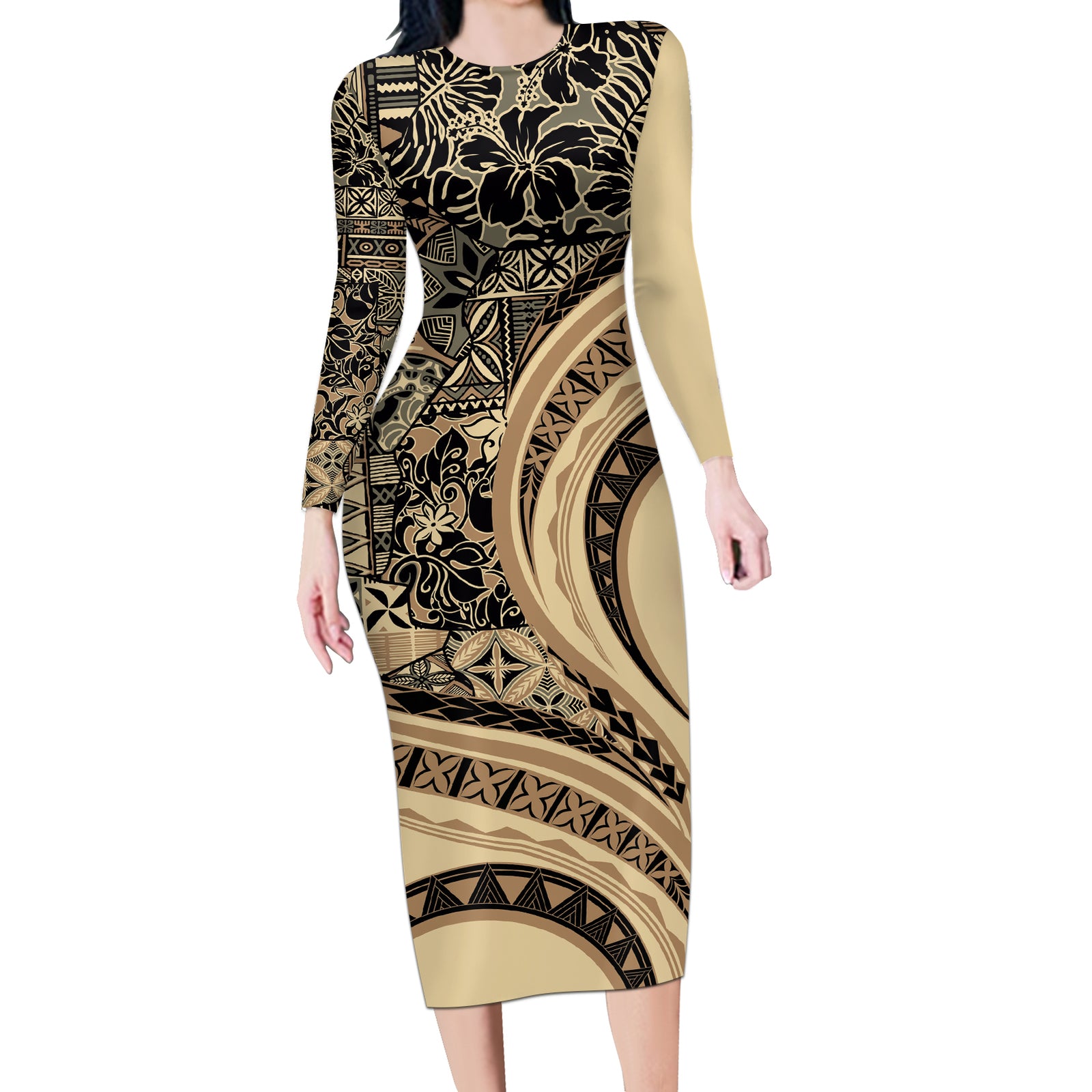 Hawaiian Hibiscus Tribal Vintage Motif Long Sleeve Bodycon Dress Ver 2 LT9 Long Dress Beige - Polynesian Pride