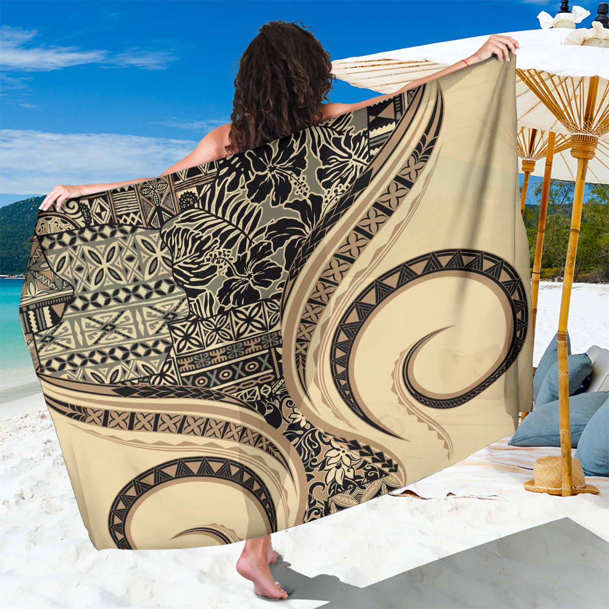 Hawaiian Hibiscus Tribal Vintage Motif Sarong Ver 2 LT9 One Size 44 x 66 inches Beige - Polynesian Pride
