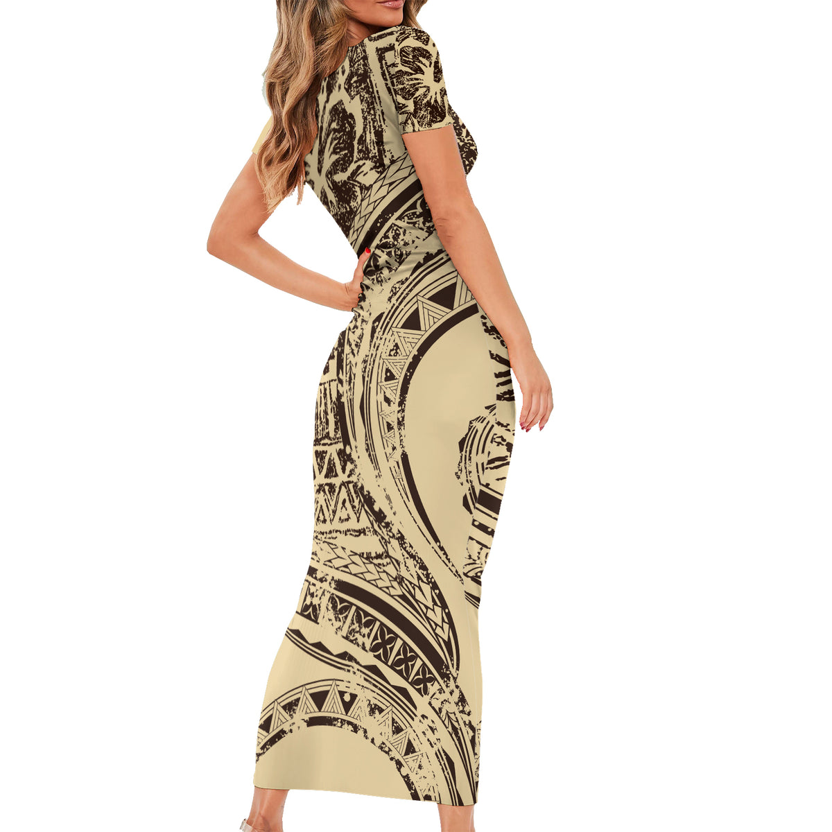 Hawaiian Hibiscus Tribal Vintage Motif Short Sleeve Bodycon Dress Ver