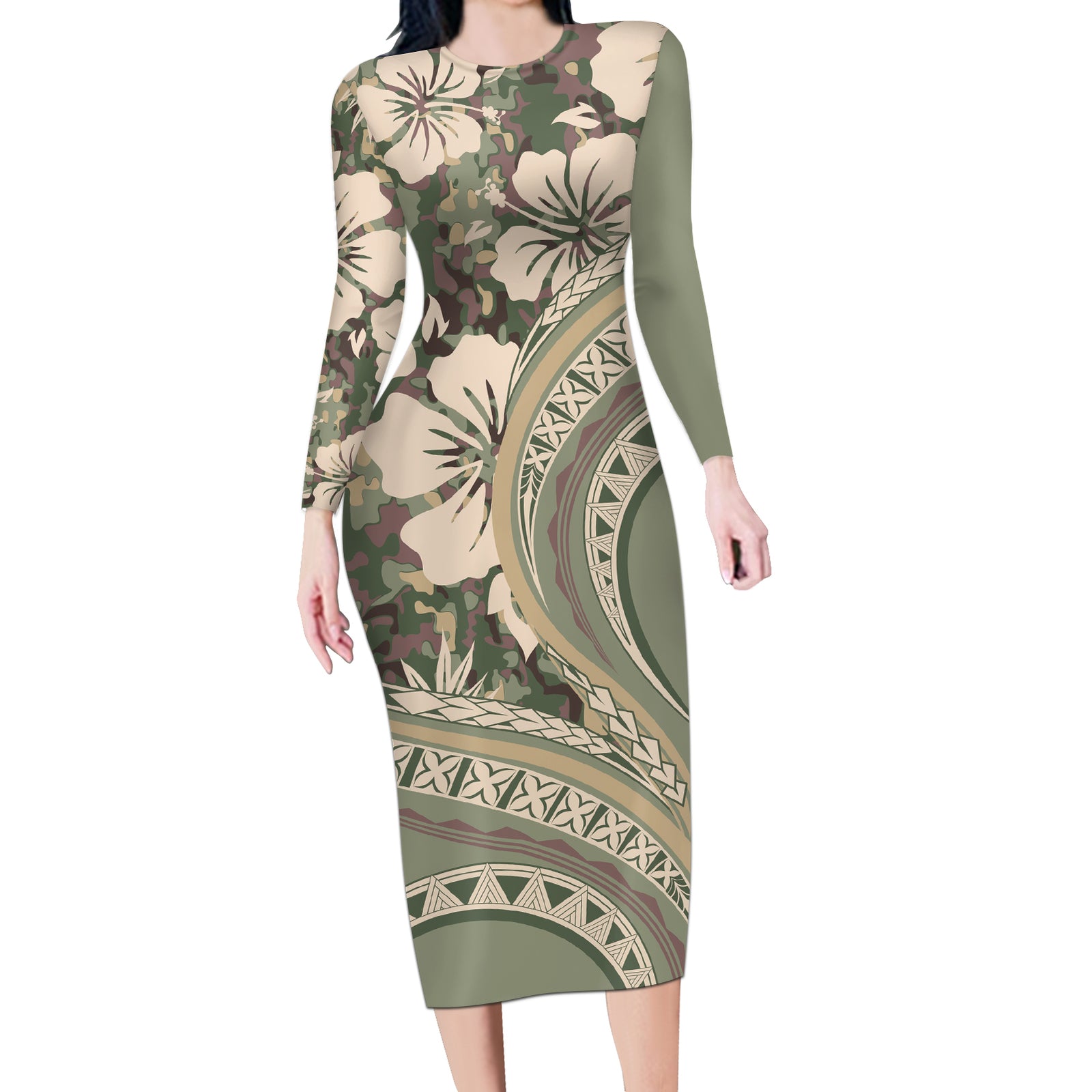 Hawaiian Hibiscus Tribal Vintage Motif Long Sleeve Bodycon Dress Ver 6 LT9 Long Dress Green Pastel - Polynesian Pride