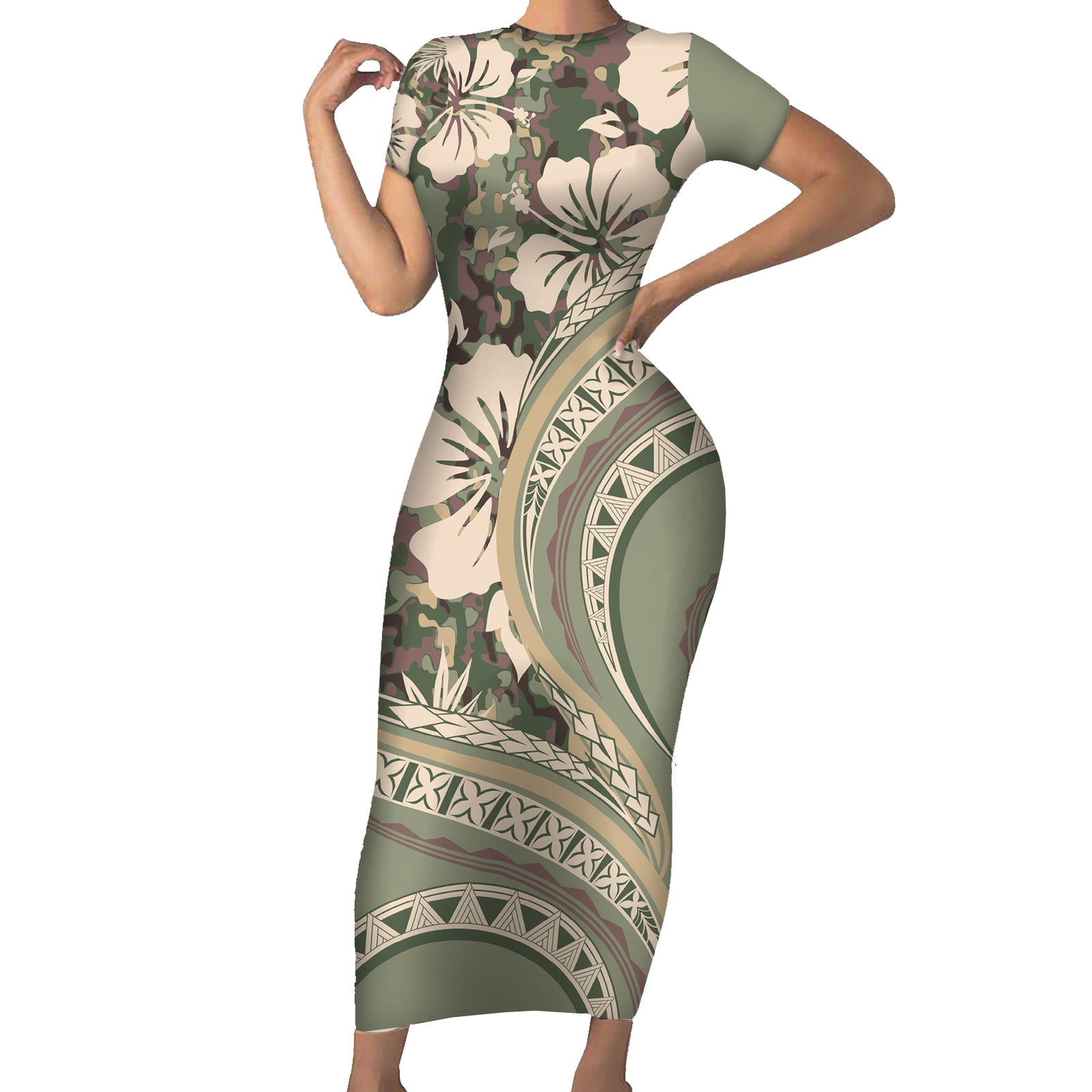 Hawaiian Hibiscus Tribal Vintage Motif Short Sleeve Bodycon Dress Ver 6 LT9 Long Dress Green Pastel - Polynesian Pride